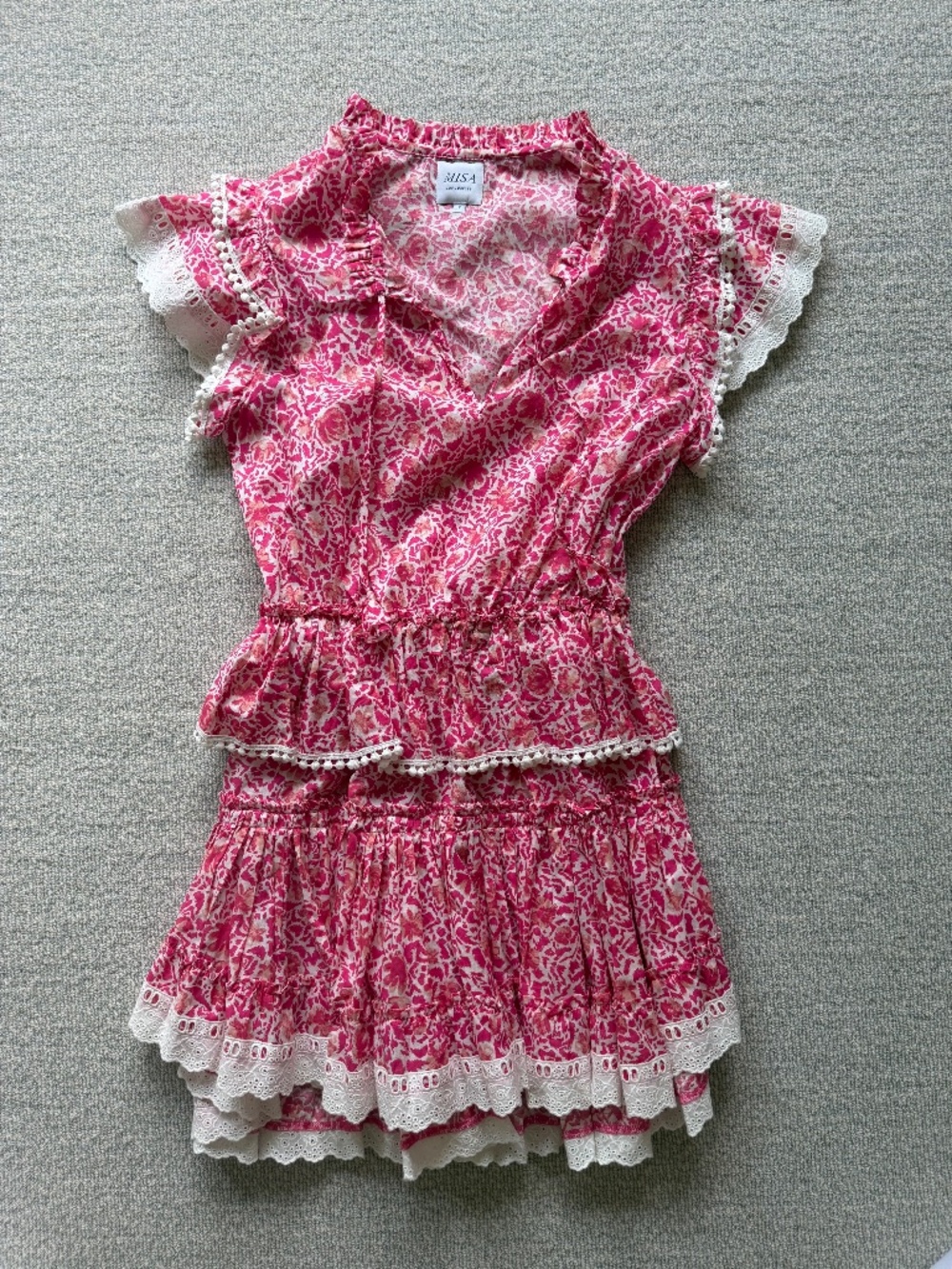 MISA Los Angeles Pink Floral Ruffle Mini Dress with Eyelet Trim